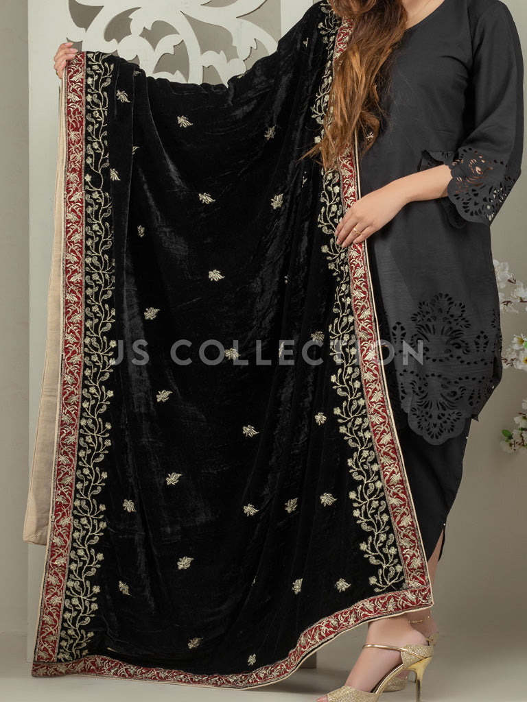 Black Embroidered Velvet Shawl - VS9223