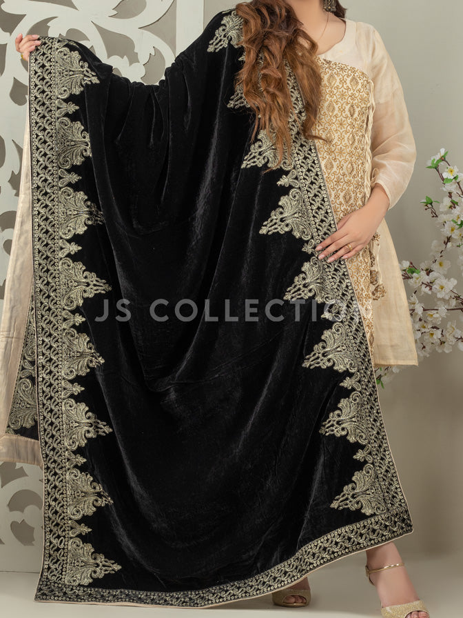 Black Embroidered Velvet Shawl - VS9220