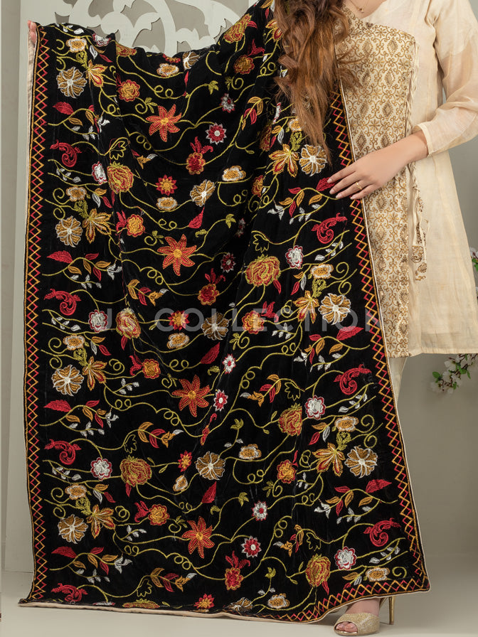 Black Embroidered Velvet Shawl - VS9219