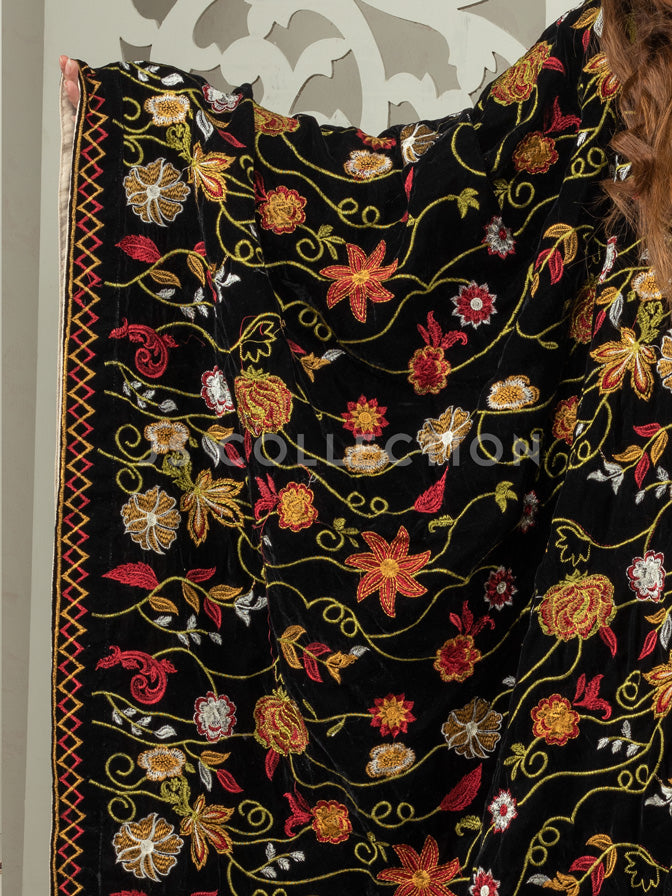 Black Embroidered Velvet Shawl - VS9219