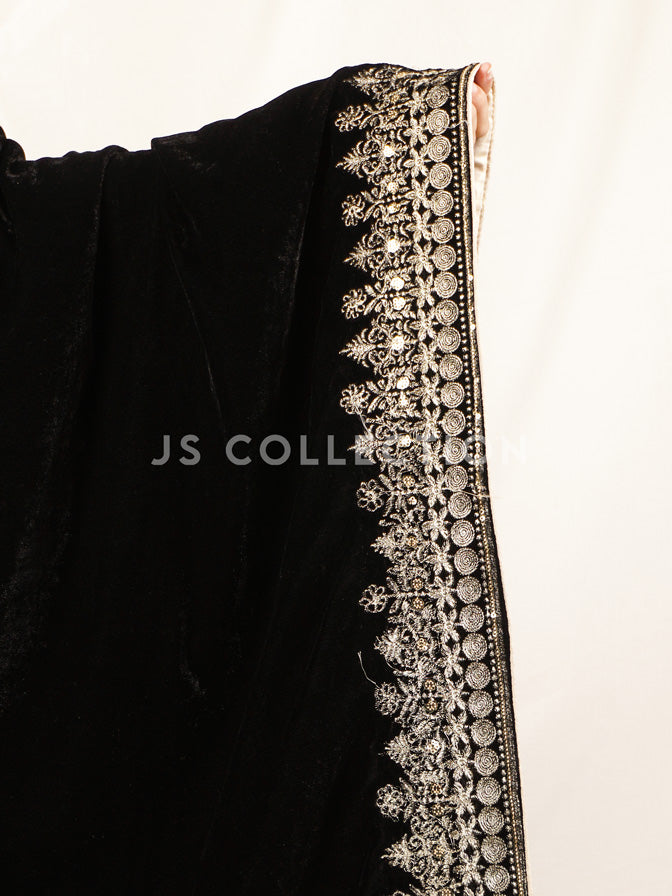 Black Embroidered Velvet Shawl - VS9233