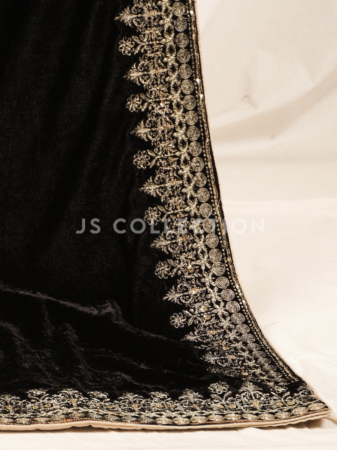Black Embroidered Velvet Shawl - VS9233