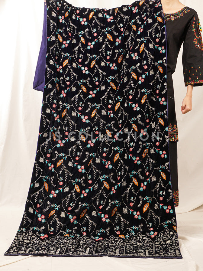 Black Embroidered Velvet Shawl - VS9235