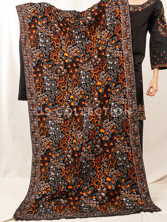 Black Embroidered Velvet Shawl - VS9236