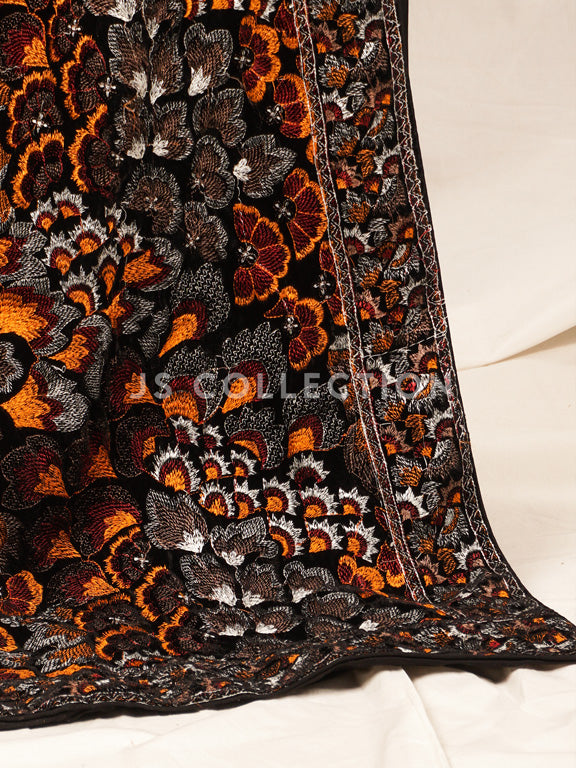 Black Embroidered Velvet Shawl - VS9236