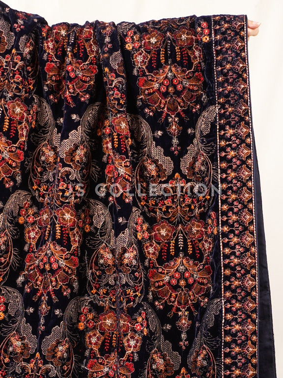 Black Embroidered Velvet Shawl - VS9237