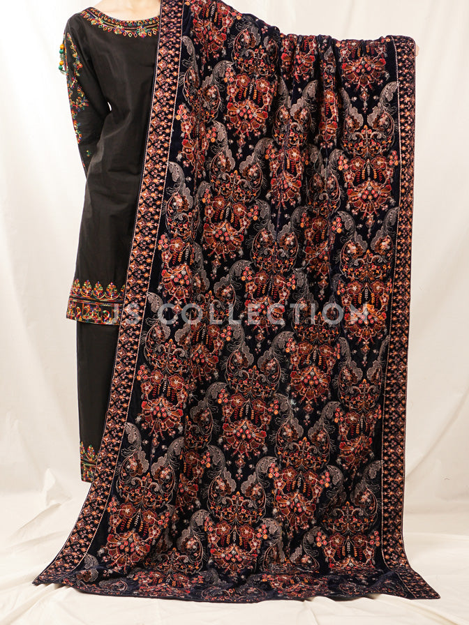 Black Embroidered Velvet Shawl - VS9237