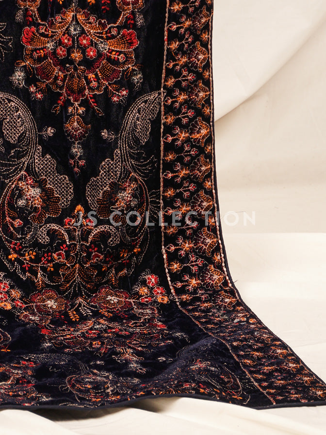 Black Embroidered Velvet Shawl - VS9237