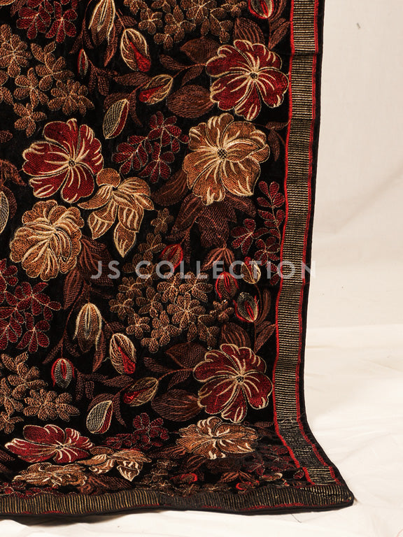 Black Embroidered Velvet Shawl - VS9238