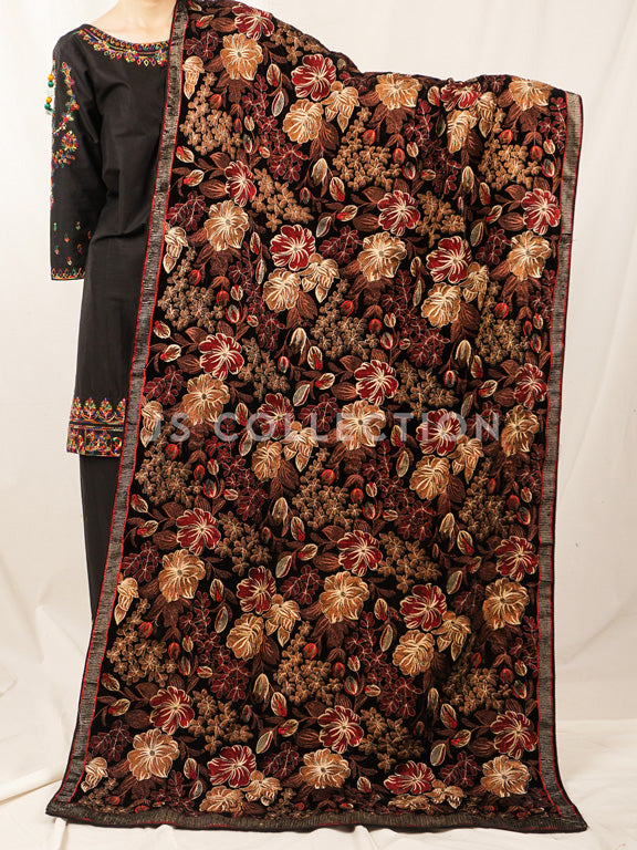 Black Embroidered Velvet Shawl - VS9238