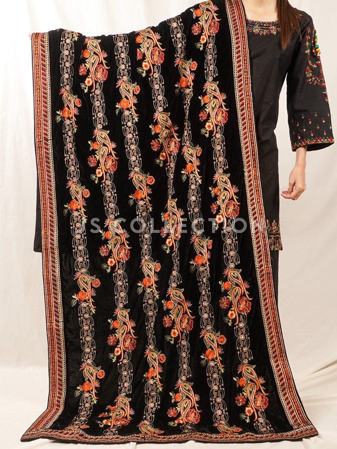 Black Embroidered Velvet Shawl - VS9239