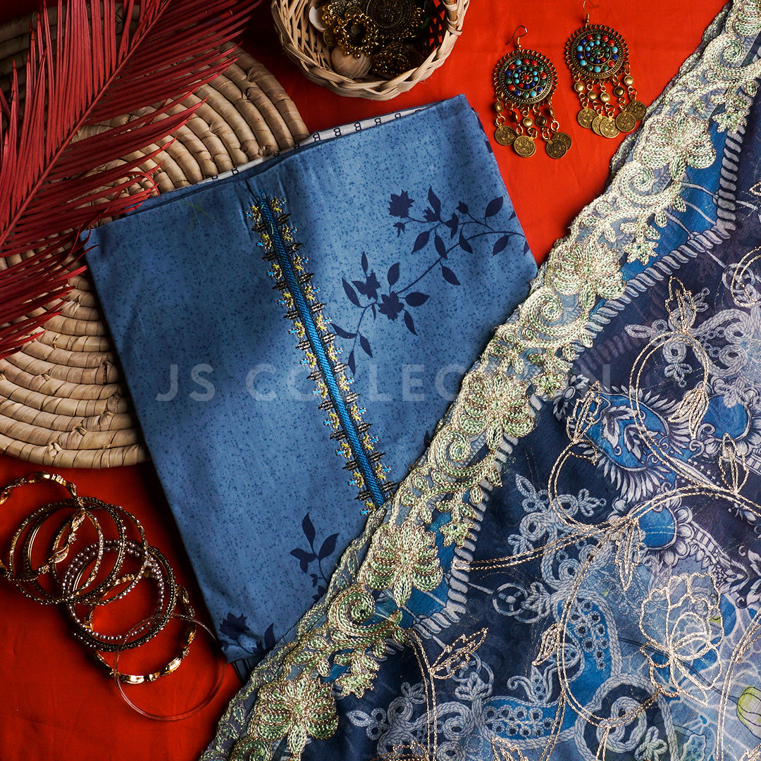 3 Pc Lawn Embroidered Chiffon Dupatta Cutwork Un-stitched-UN2026a