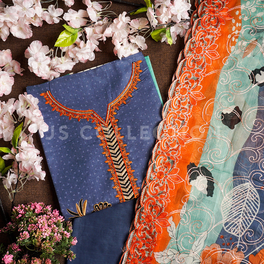 3 Pc Lawn Embroidered Chiffon Dupatta Cutwork Un-stitched-UN2055