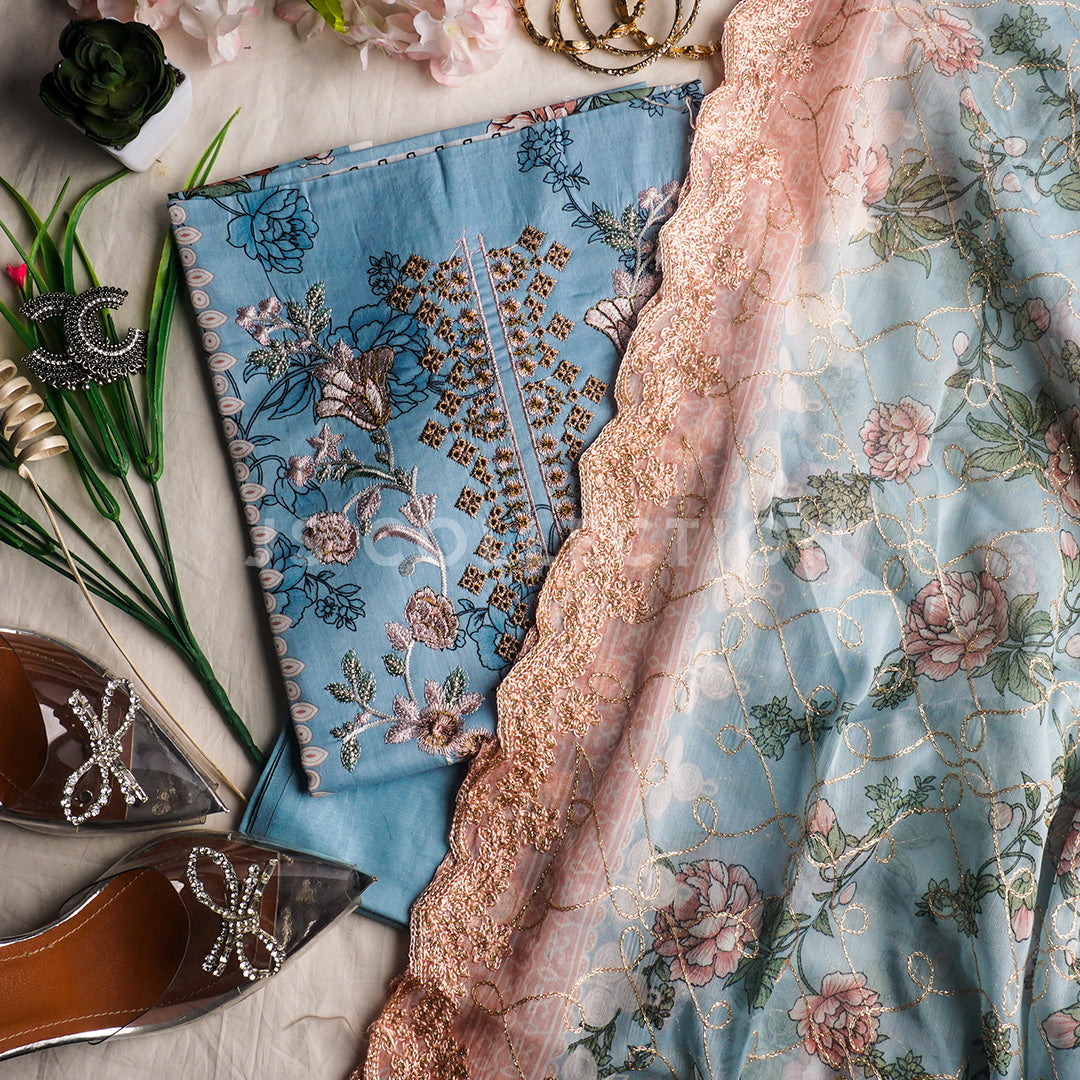 3 Pc Lawn Embroidered Chiffon Dupatta Cutwork Un-stitched-UN2021a