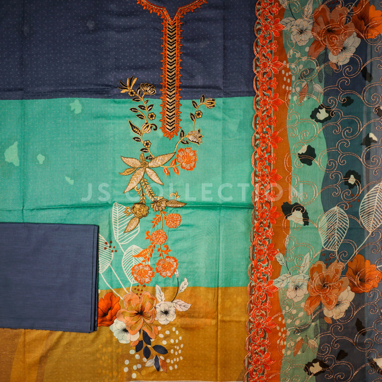 3 Pc Lawn Embroidered Chiffon Dupatta Cutwork Un-stitched-UN2055