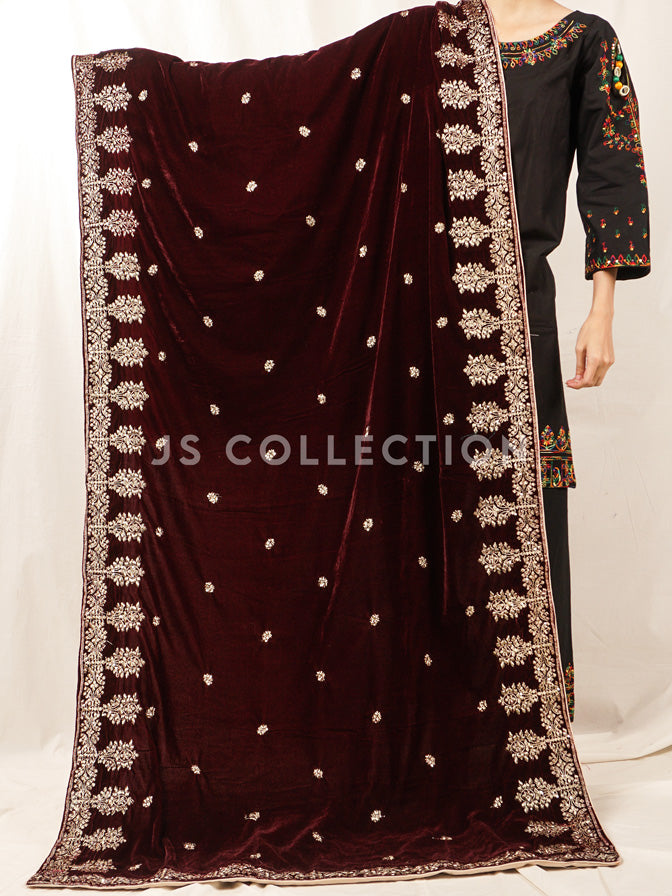 Burgundy Embroidered Velvet Shawl - VS9226