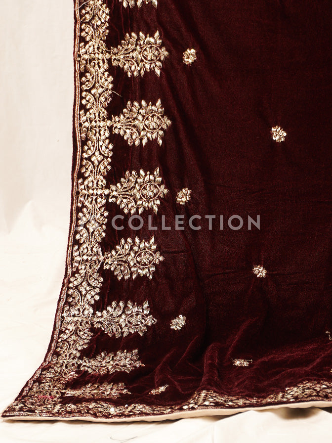 Burgundy Embroidered Velvet Shawl - VS9226