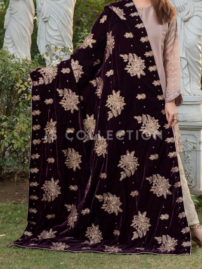 Burgundy Embroidered Velvet Shawl - VS9217