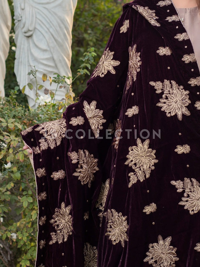 Burgundy Embroidered Velvet Shawl - VS9217
