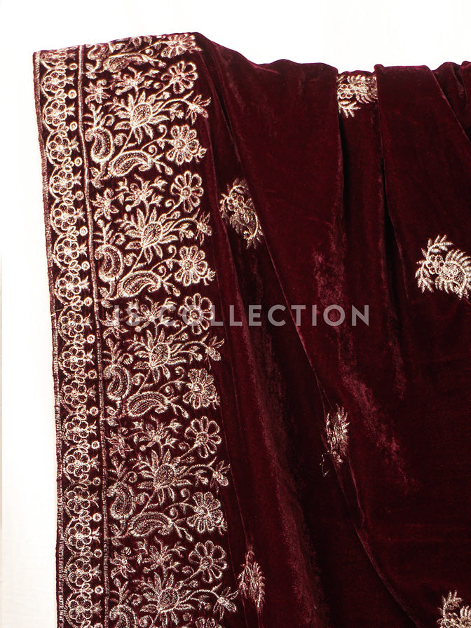 Burgundy Embroidered Velvet Shawl - VS9229