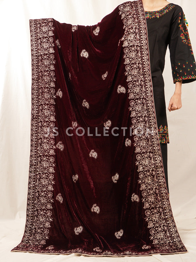 Burgundy Embroidered Velvet Shawl - VS9229