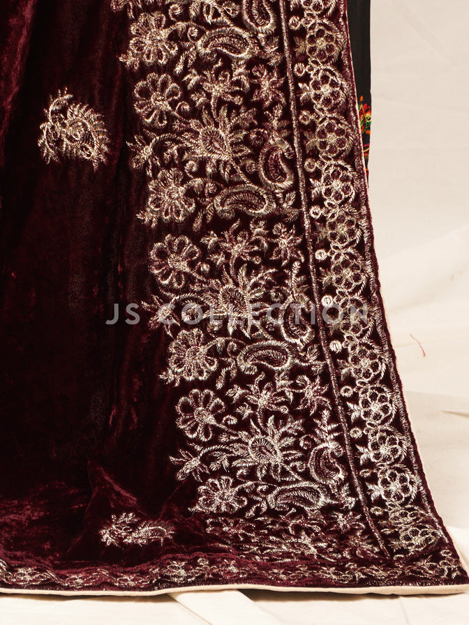 Burgundy Embroidered Velvet Shawl - VS9229
