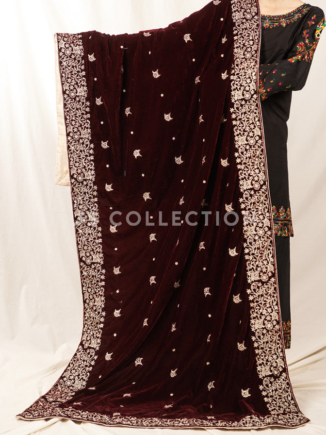 Burgundy Embroidered Velvet Shawl - VS9271