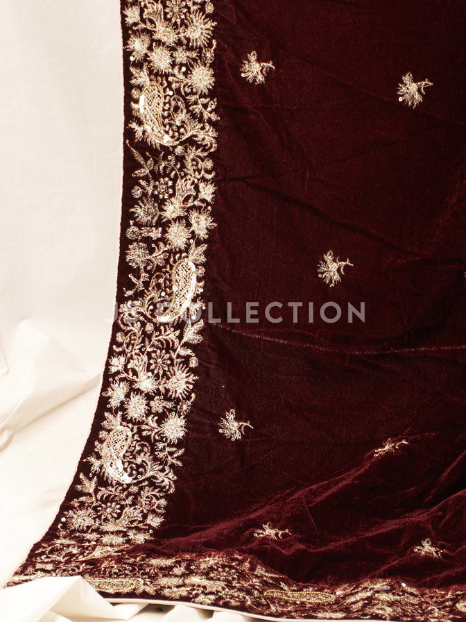 Burgundy Embroidered Velvet Shawl - VS9232