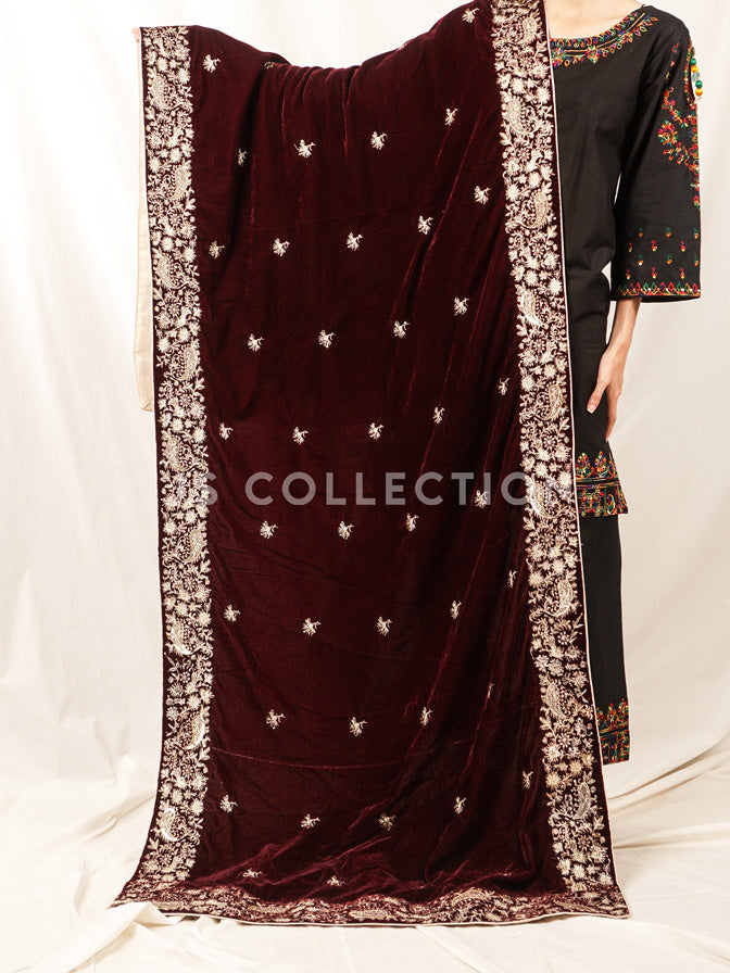 Burgundy Embroidered Velvet Shawl - VS9232