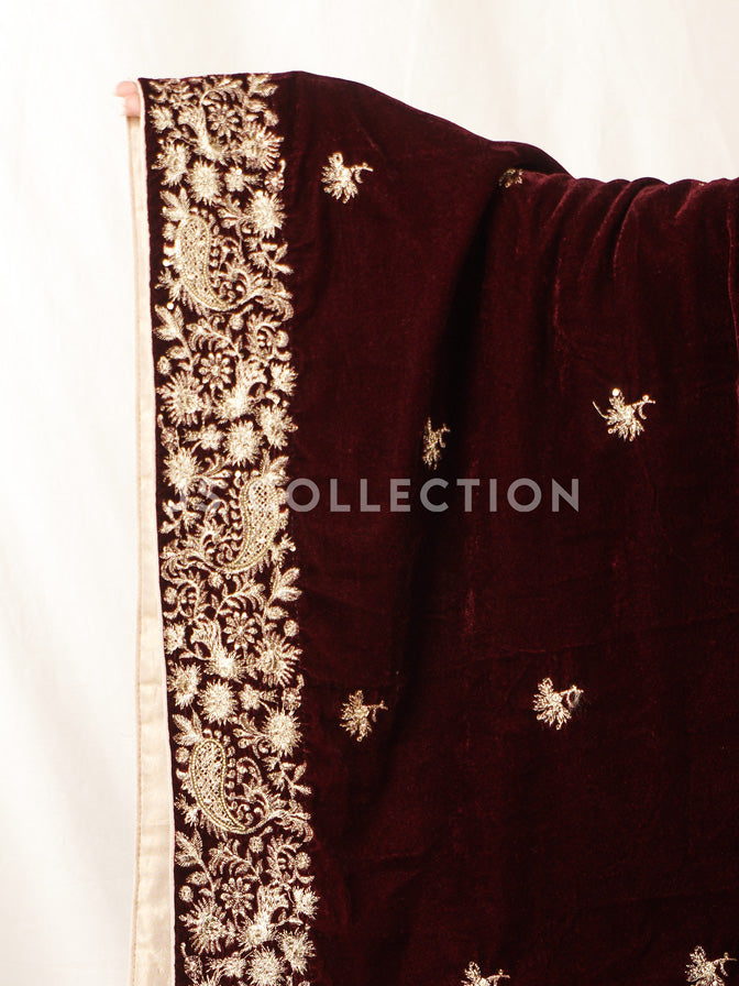 Burgundy Embroidered Velvet Shawl - VS9232