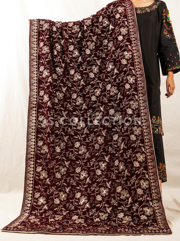 Burgundy Embroidered Velvet Shawl - VS9248