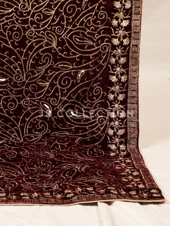 Burgundy Embroidered Velvet Shawl - VS9249