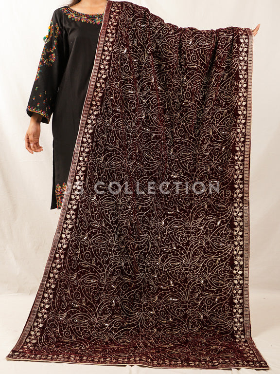 Burgundy Embroidered Velvet Shawl - VS9249