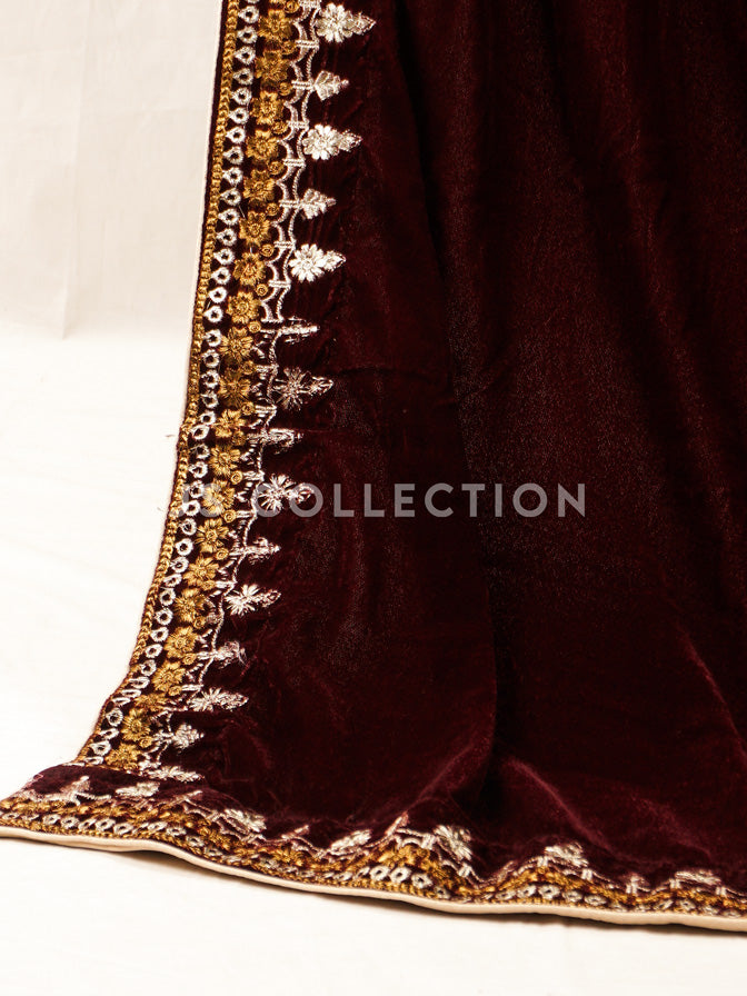 Burgundy Embroidered Velvet Shawl - VS9252