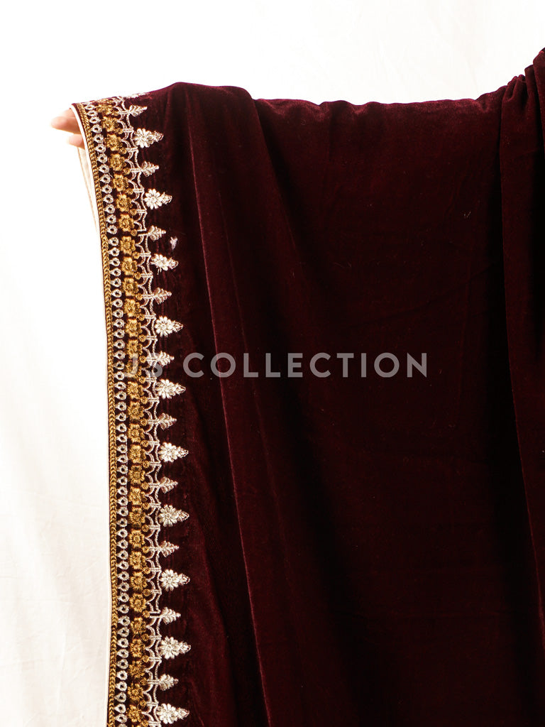 Burgundy Embroidered Velvet Shawl - VS9252