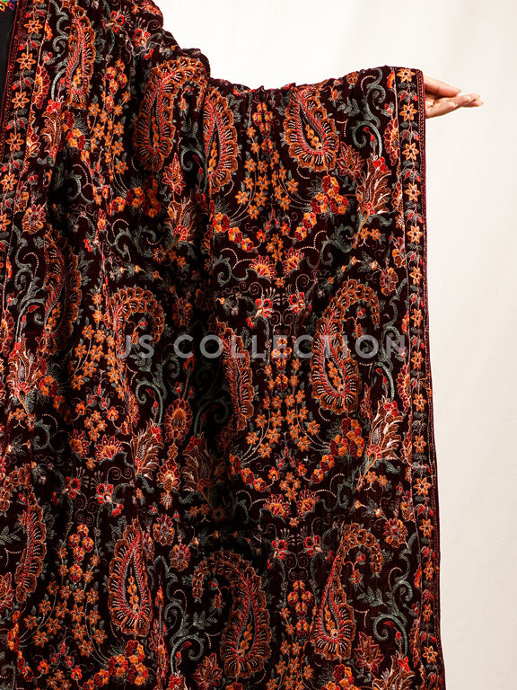Burgundy Embroidered Velvet Shawl - VS9270