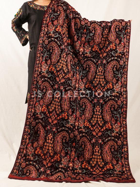 Burgundy Embroidered Velvet Shawl - VS9270