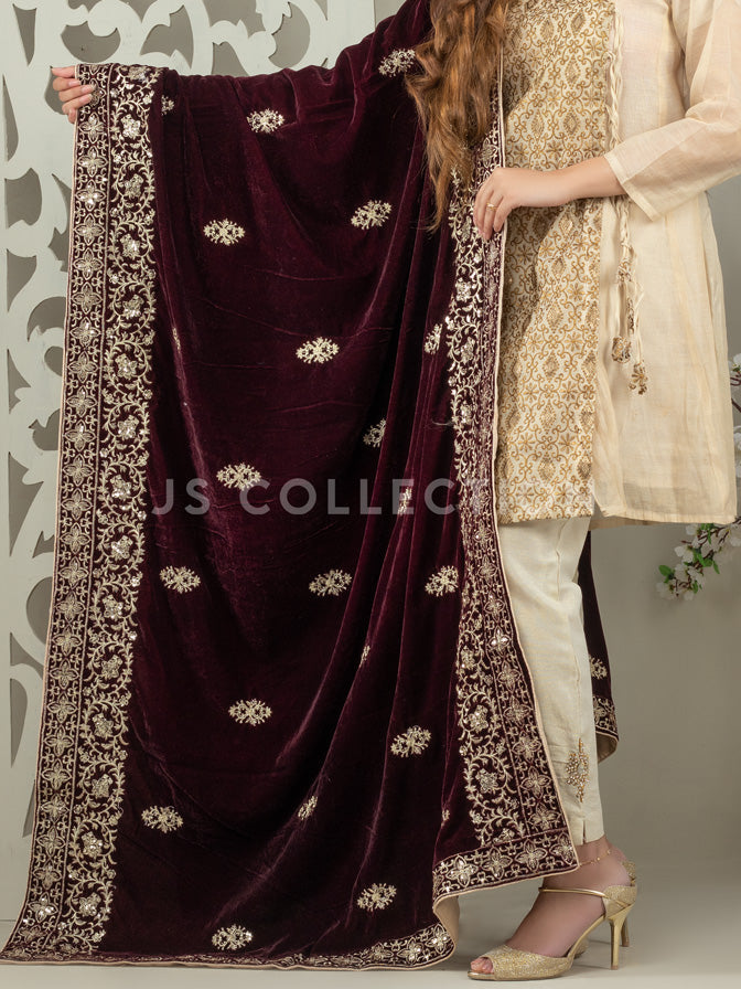 Burgundy Embroidered Velvet Shawl - VS9218