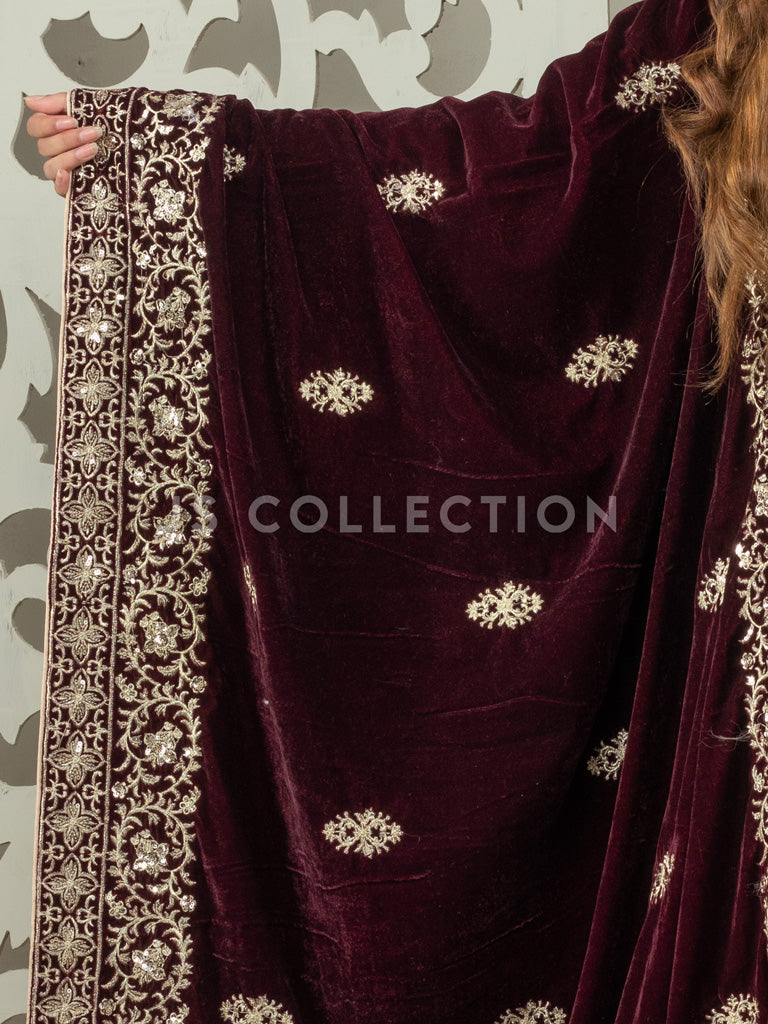 Burgundy Embroidered Velvet Shawl - VS9218