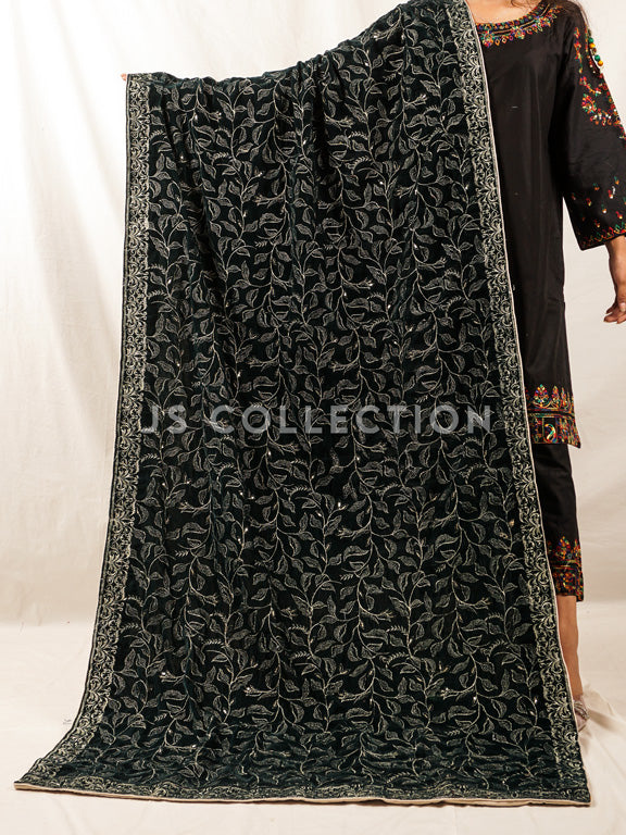 Green Embroidered Velvet Shawl - VS9254