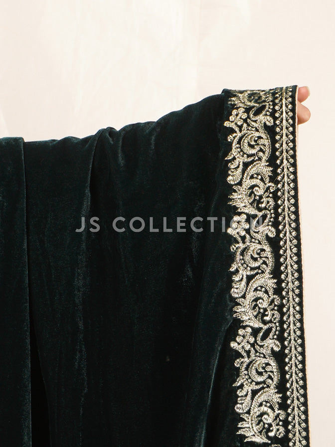 Green Embroidered Velvet Shawl - VS9272