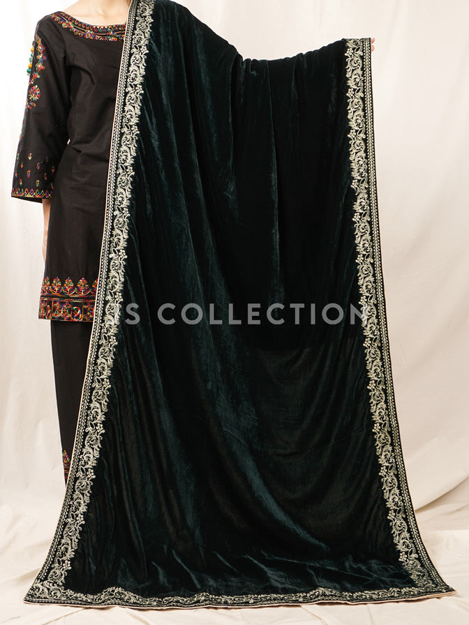 Green Embroidered Velvet Shawl - VS9272