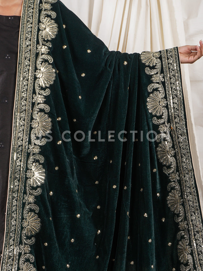 Green Embroidered Velvet Shawl - VS9277