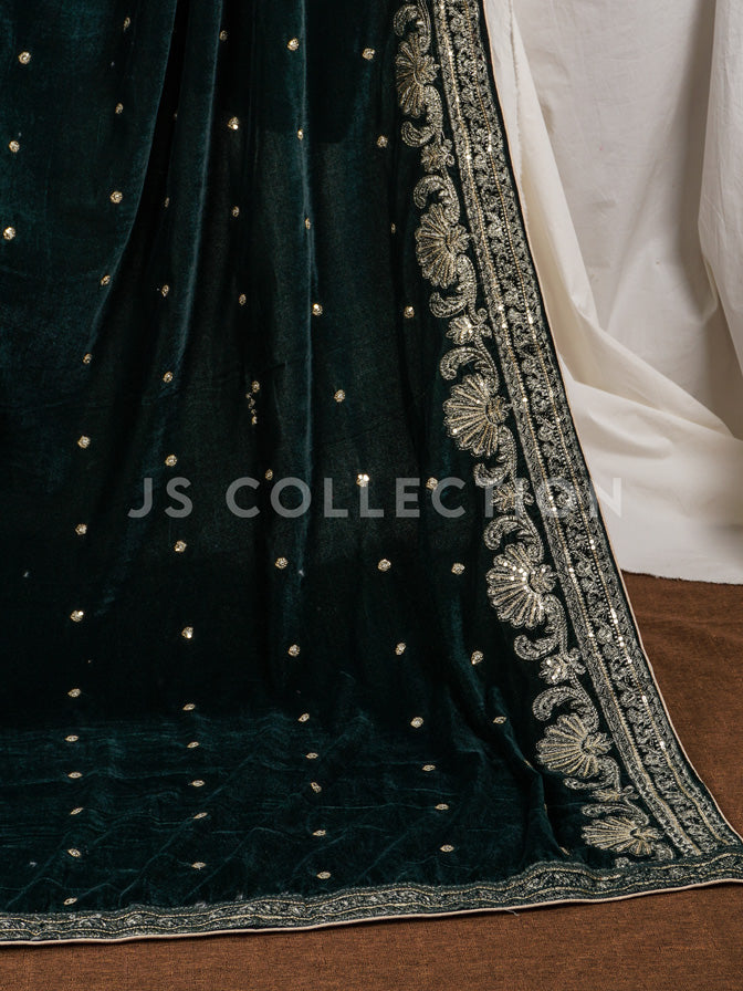 Green Embroidered Velvet Shawl - VS9277