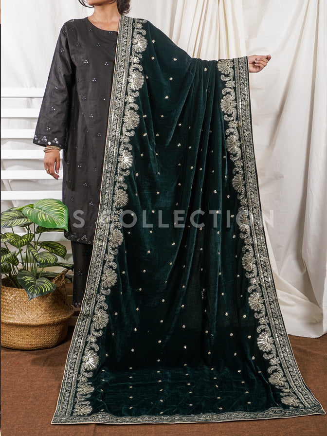Green Embroidered Velvet Shawl - VS9277