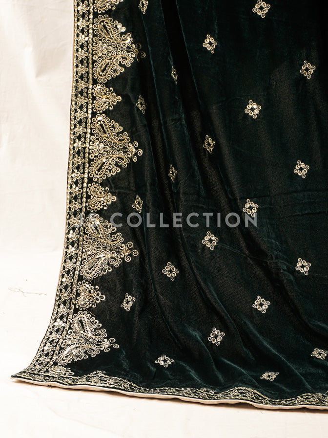 Green Embroidered Velvet Shawl - VS9259