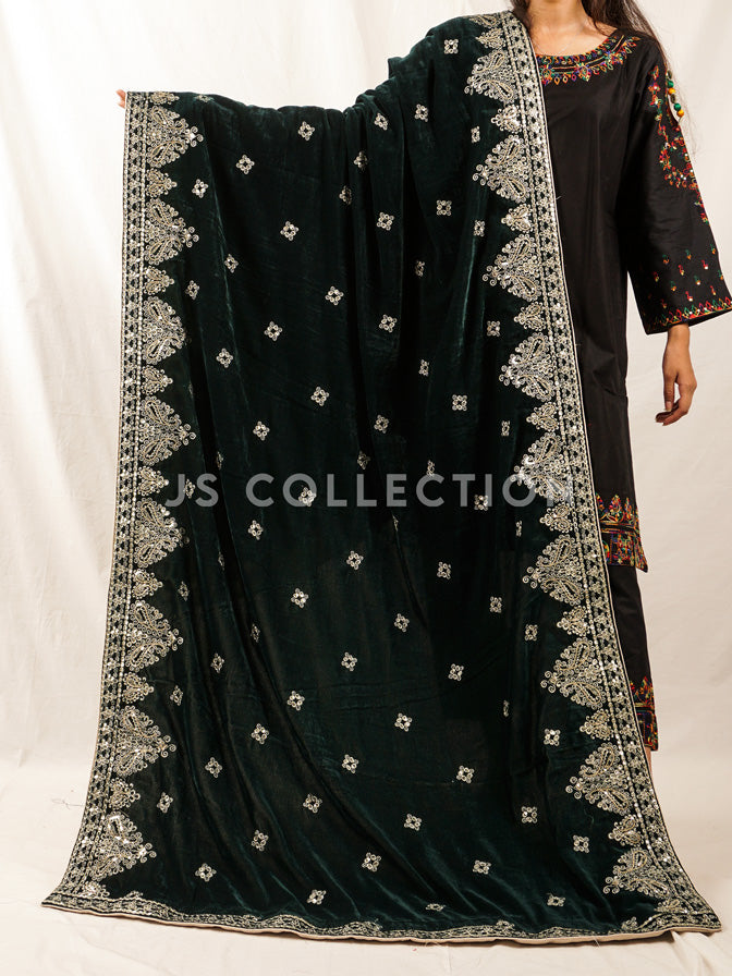 Green Embroidered Velvet Shawl - VS9259