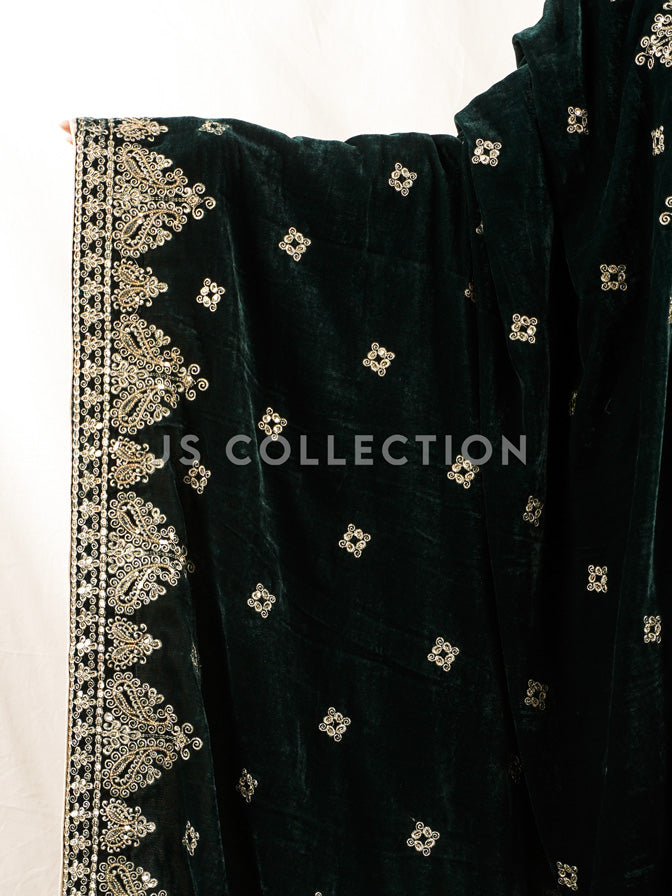 Green Embroidered Velvet Shawl - VS9259