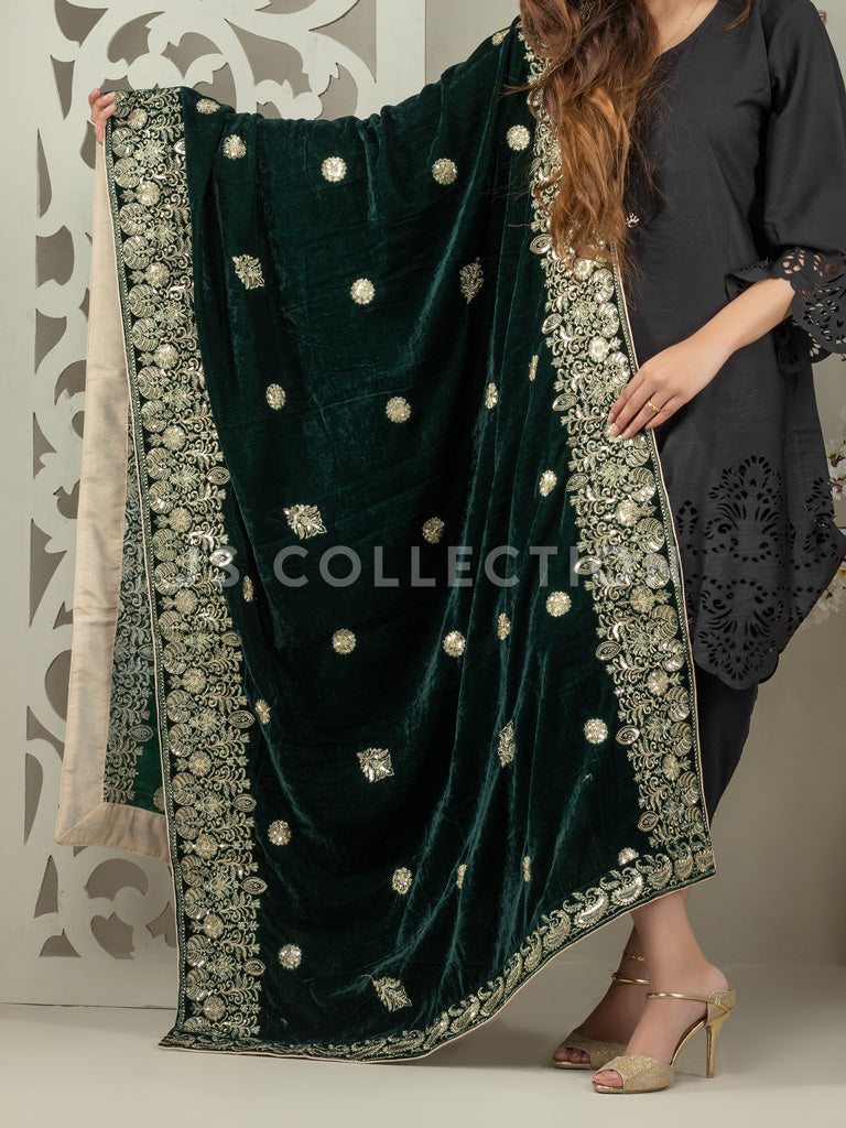 Green Embroidered Velvet Shawl - VS9222