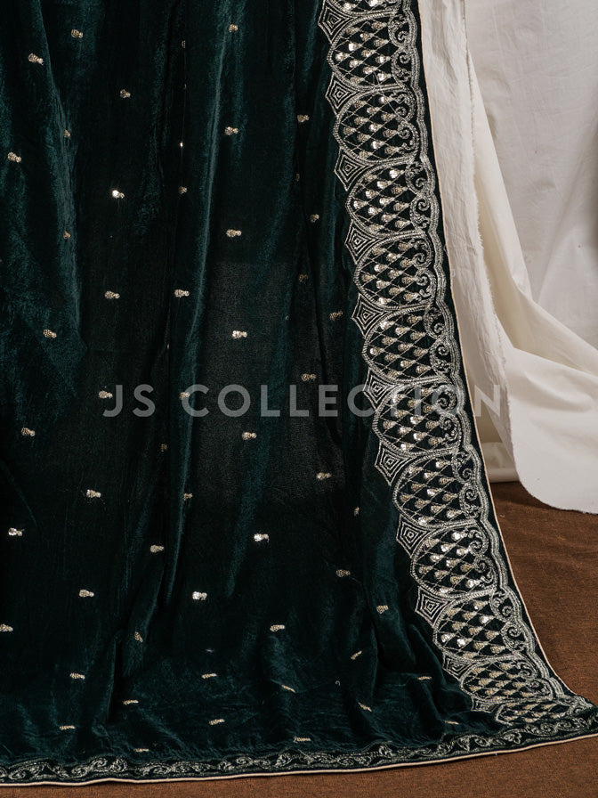 Green Embroidered Velvet Shawl - VS9279